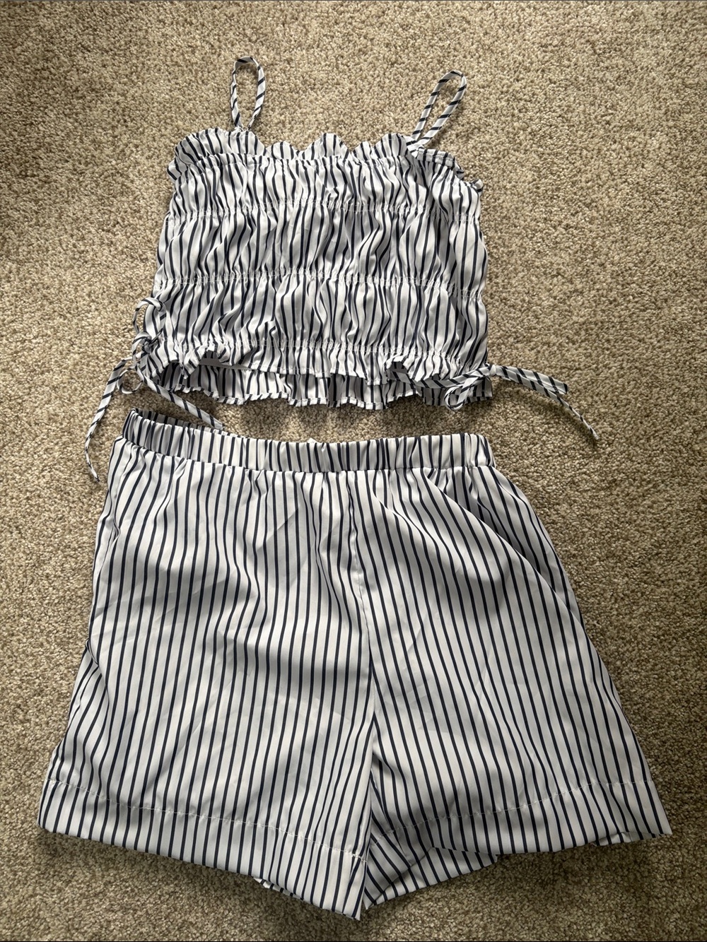 Never Worn Striped White & Navy Two-Piece Shorts Set